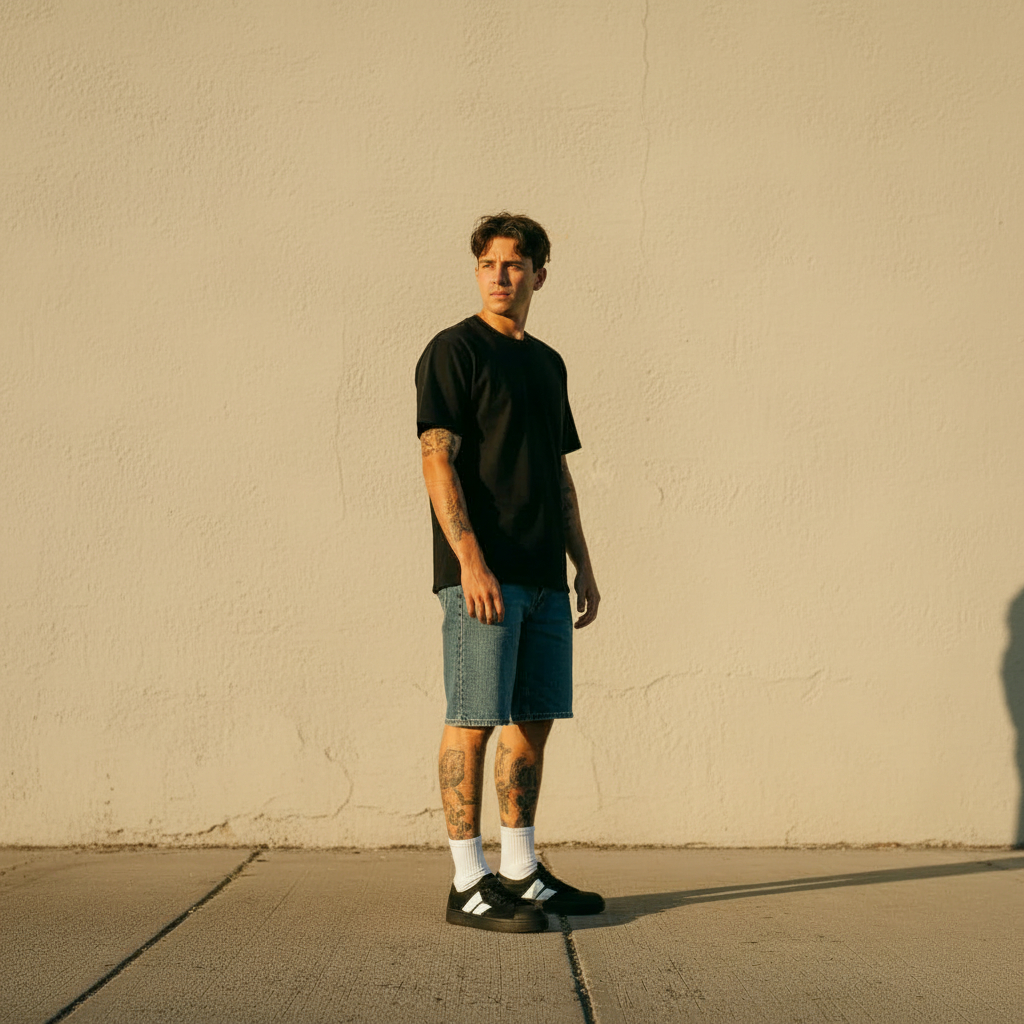 Man wearing Hiatus black against a wall in LA