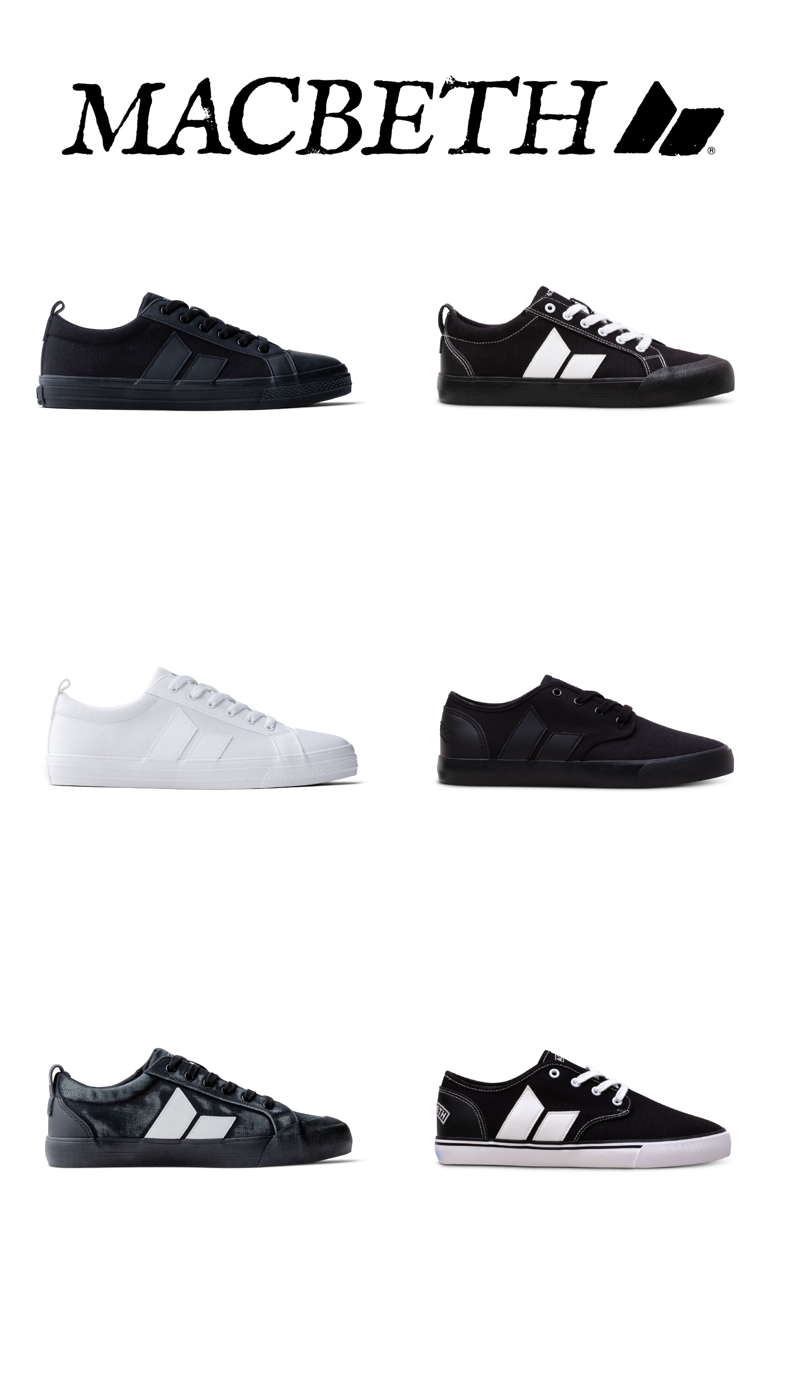 Black and white sneakers displayed with Macbeth logo above on a white background